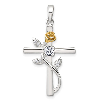 Sterling Silver Gold-tone Cubic Zirconia Cross with Rose Pendant