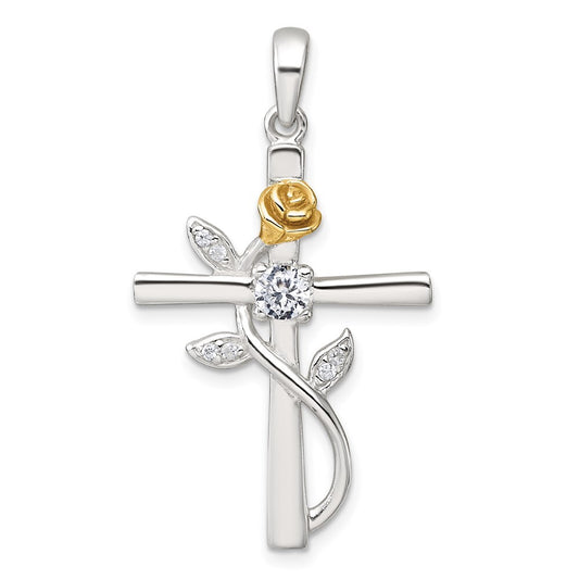 Sterling Silver Gold-tone Cubic Zirconia Cross with Rose Pendant