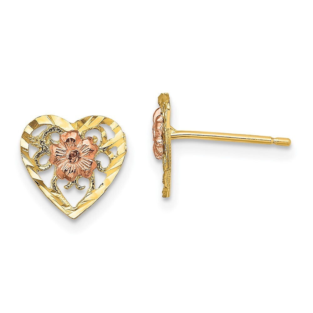 14k Two-tone Gold Diamond-Cut Heart and Flower Stud Earrings