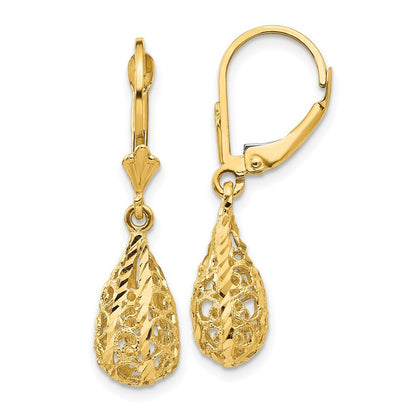 14k Yellow Gold Polished Diamond-Cut Filigree Drop Dangle Earrings