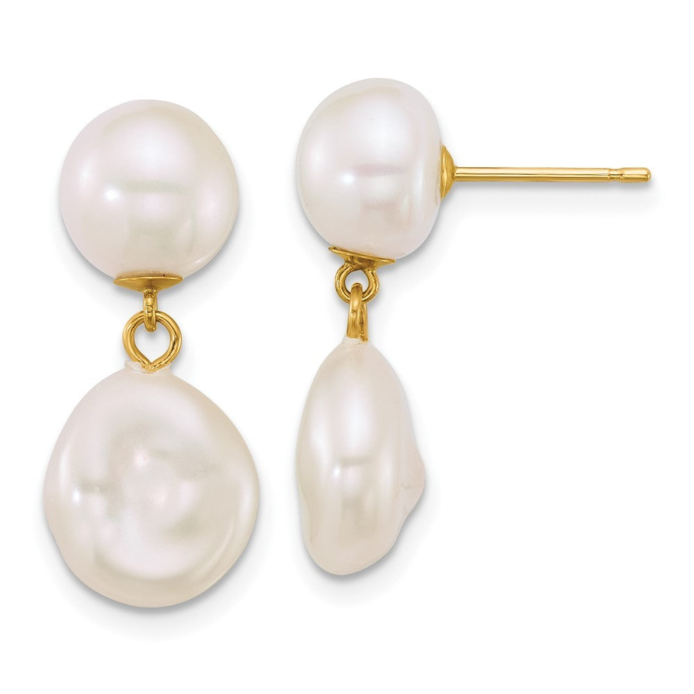 14k Yellow Gold Polished 7-10mm Freshwater Cultured Pearl Dangle Earrings