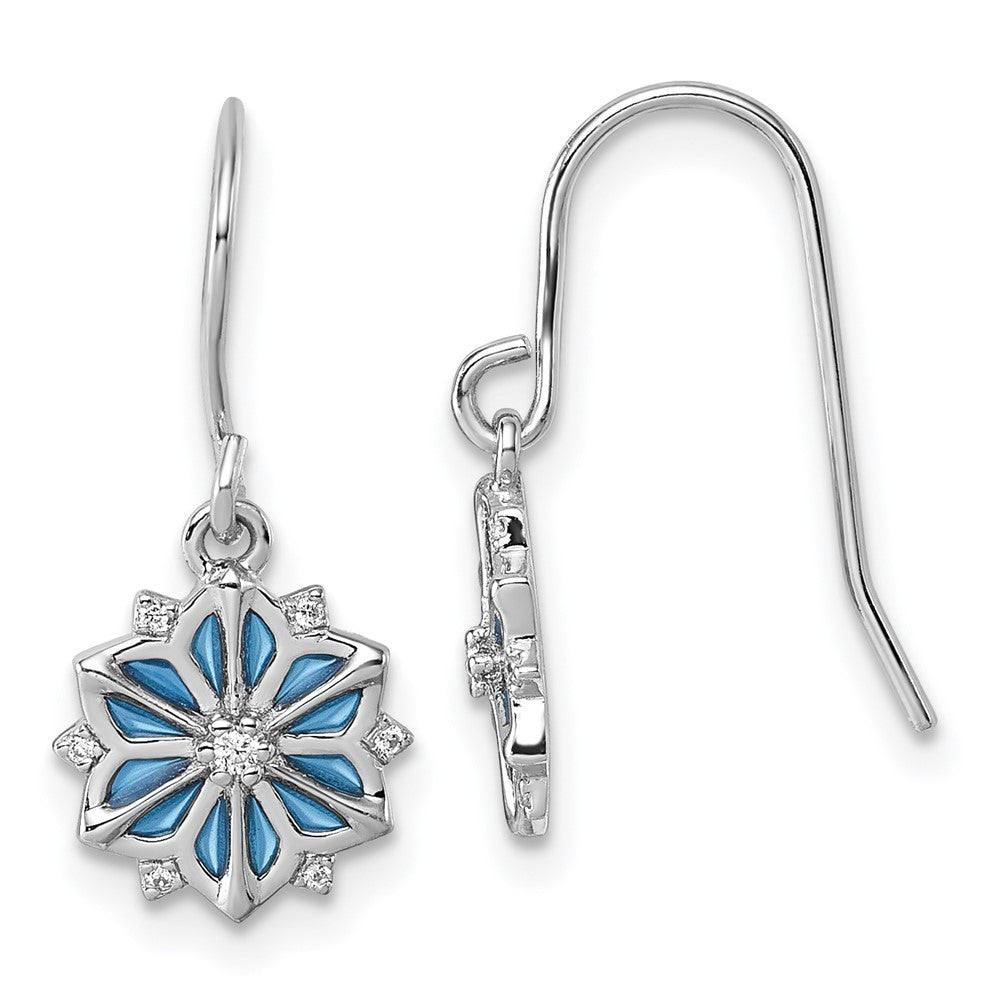 Sterling Silver Blue Enamel and CZ Snowflake Dangle Earrings