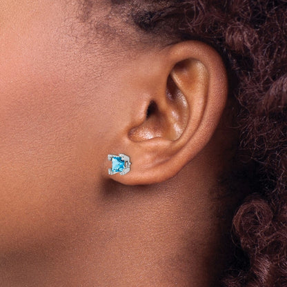14k White Gold Square Blue Topaz and Diamond Stud Earrings