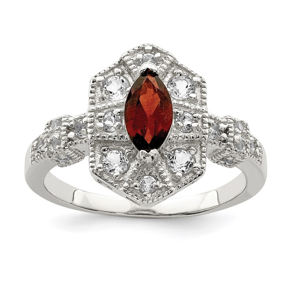 Sterling Silver Rhodium-plated Dark Red Marquise Cubic Zirconia Ring Size 8