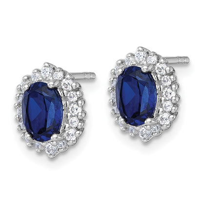 Sterling Silver Polished Lab Created Sapphire and CZ Oval Halo Earrings