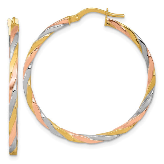 14k Yellow Gold with Rose & Rhodium Polished Twisted Tube Hoop Earrings