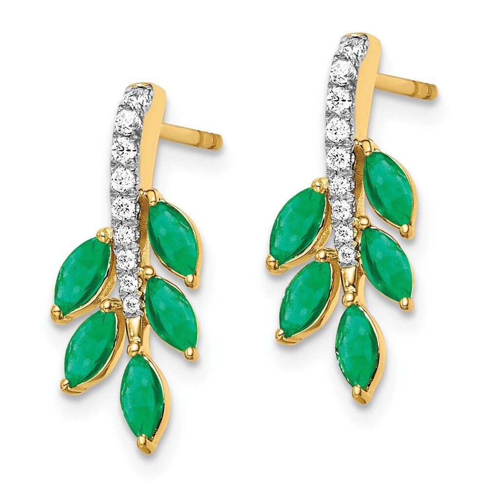 14k Yellow Gold Emerald and Diamond Leaf Drop & Dangle Earrings
