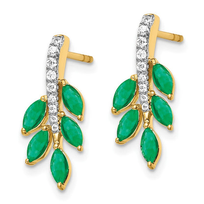 14k Yellow Gold Emerald and Diamond Leaf Drop & Dangle Earrings