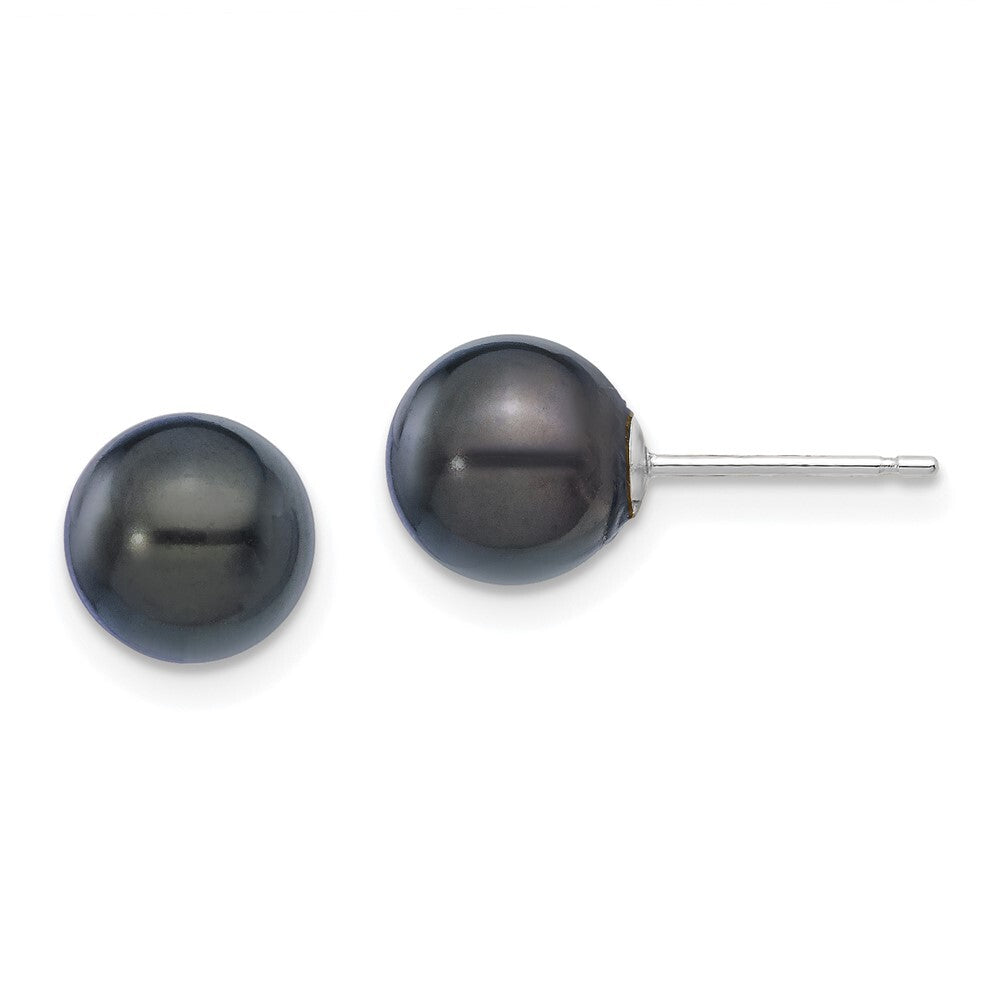 14k White Gold 7-8mm Black Round Akoya Saltwater Cultured Pearl Stud Earrings