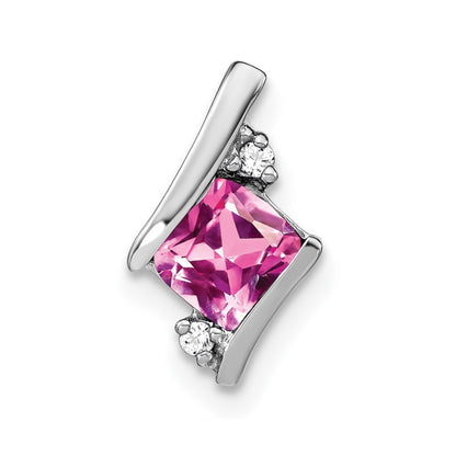 14K White Gold Cushion Cr. Pink Sapphire and Diamond Chain Slide