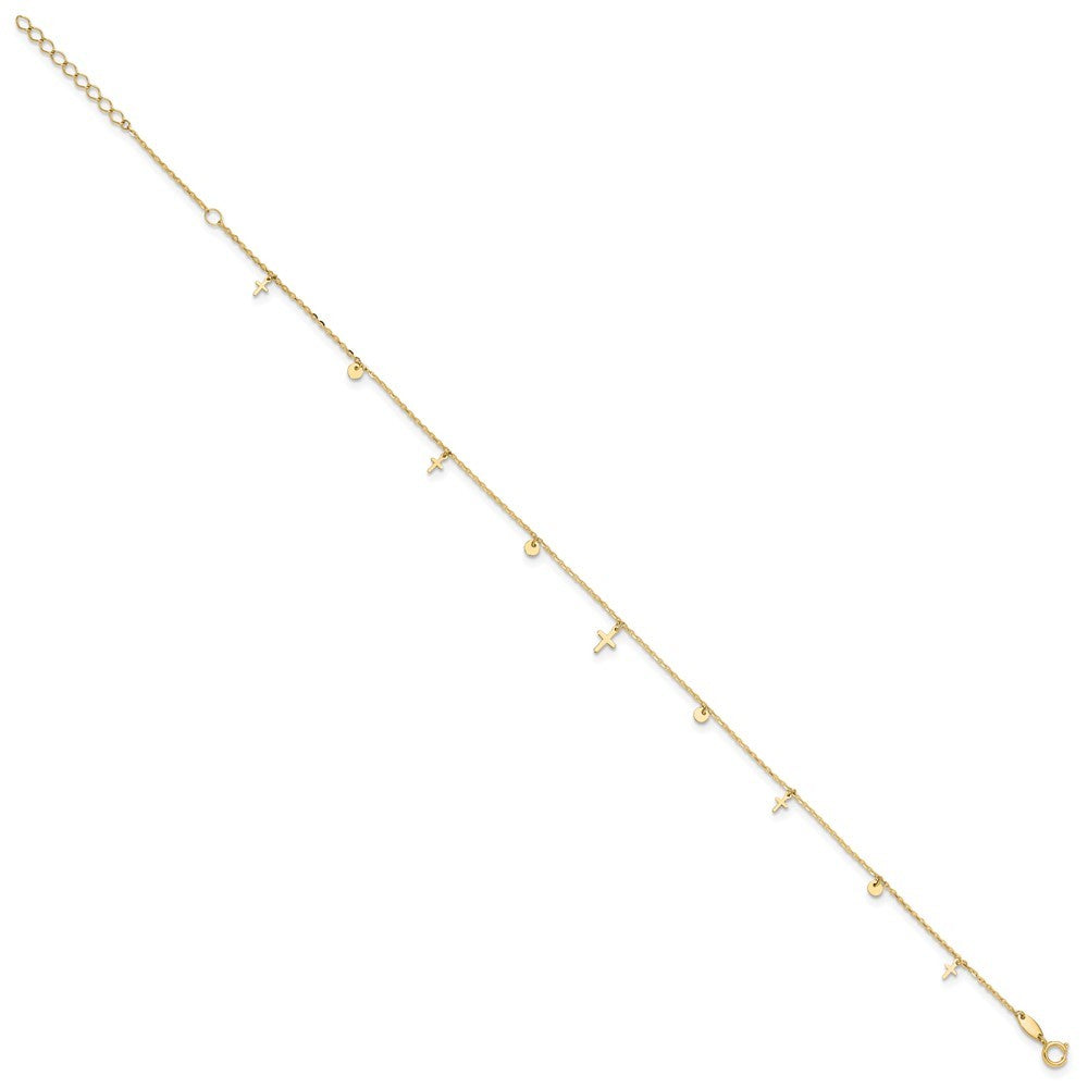14k Yellow Gold  Dangle Crosses and Circles 9" Plus 2 in Extender 11" Anklet