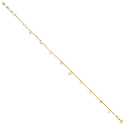 14k Yellow Gold  Dangle Crosses and Circles 9" Plus 2 in Extender 11" Anklet