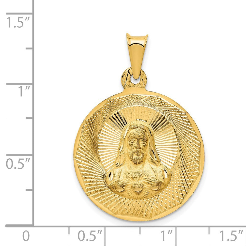 14k Yellow Gold Polished Diamond-Cut Sagrado Corazon Circle Pendant for Women