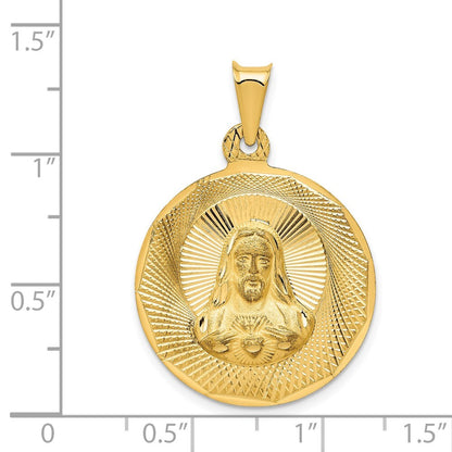 14k Yellow Gold Polished Diamond-Cut Sagrado Corazon Circle Pendant for Women