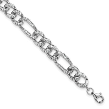 Sterling Silver CZ 8.5mm Figaro Link 7" with 1.5" Extension Bracelet