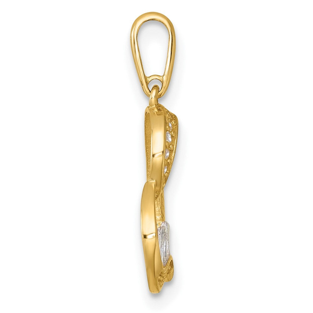 14k Yellow Gold and Rhodium Polished White CZ Sideways Open Heart MOM Pendant