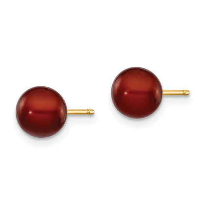 14k Yellow Gold 6-7mm Brown Round Freshwater Cultured Pearl Stud Earrings