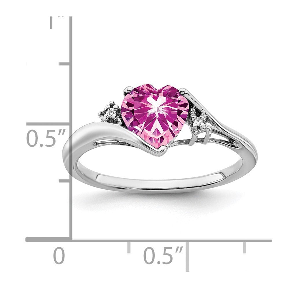 14k White Gold Created Pink Sapphire and Diamond Heart Ring Size 7