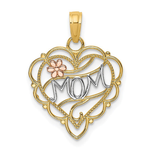 14k Two-tone Gold White Rhodium MOM Heart Flower Charm Pendant