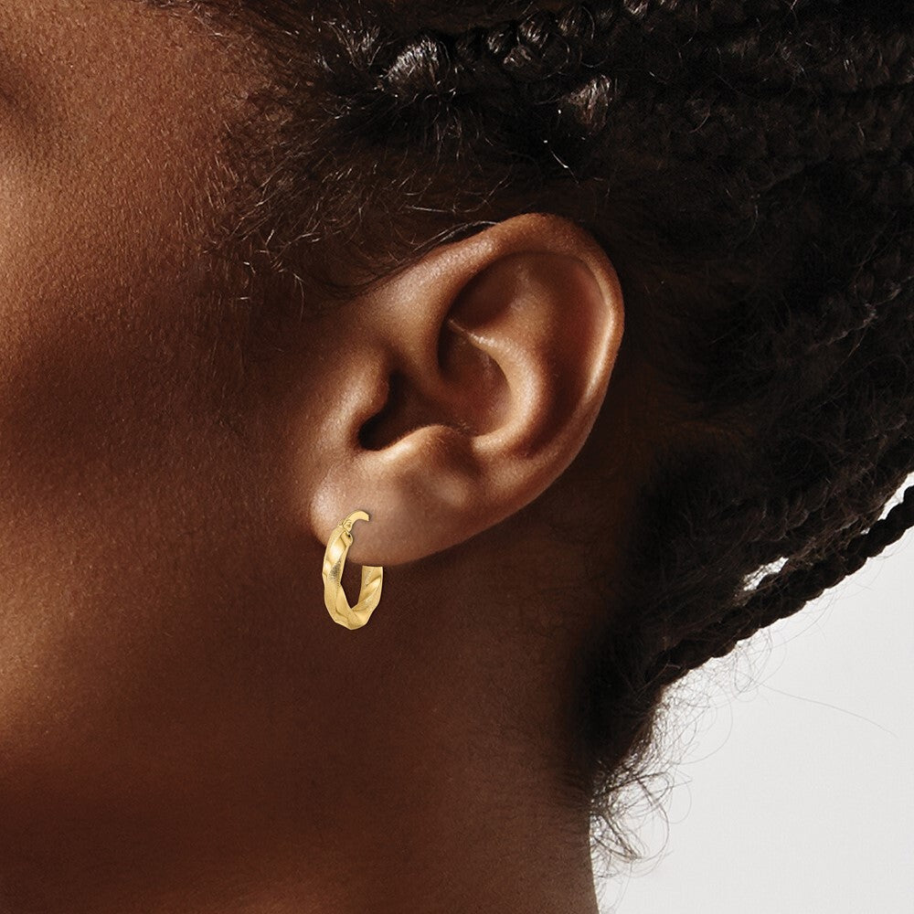 14k Yellow Gold Brushed and Polished Twisted Hoop Earrings Gift for Women