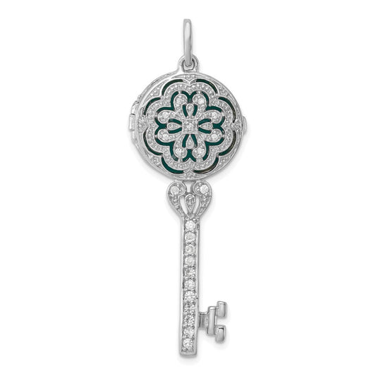 Sterling Silver Cubic Zirconia Filigree Enameled Top Key Locket Pendant