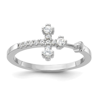 Sterling Silver Flash Platinum-plated CZ Cross Ring Size 8