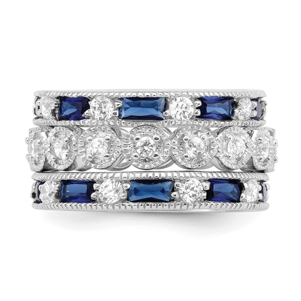 Sterling Silver Rhodium plated Blue & White Cubic Zirconia 3 Band Set Size 7