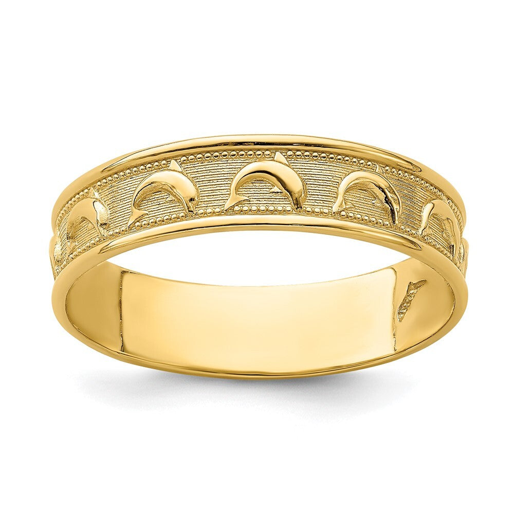 14K Yellow Gold Gold Polished and Textured Dolphin Engraved Thumb Ring