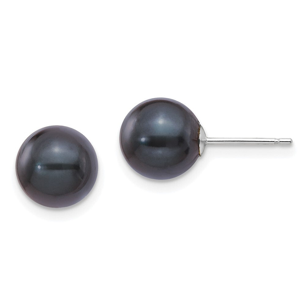 14k Gold 8-9mm Black Round Black Akoya Saltwater Cultured Pearl Stud Earrings