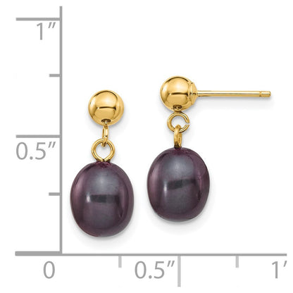 14k Yellow Gold 7-8mm Black Rice Freshwater Cultured Pearl Dangle Earrings