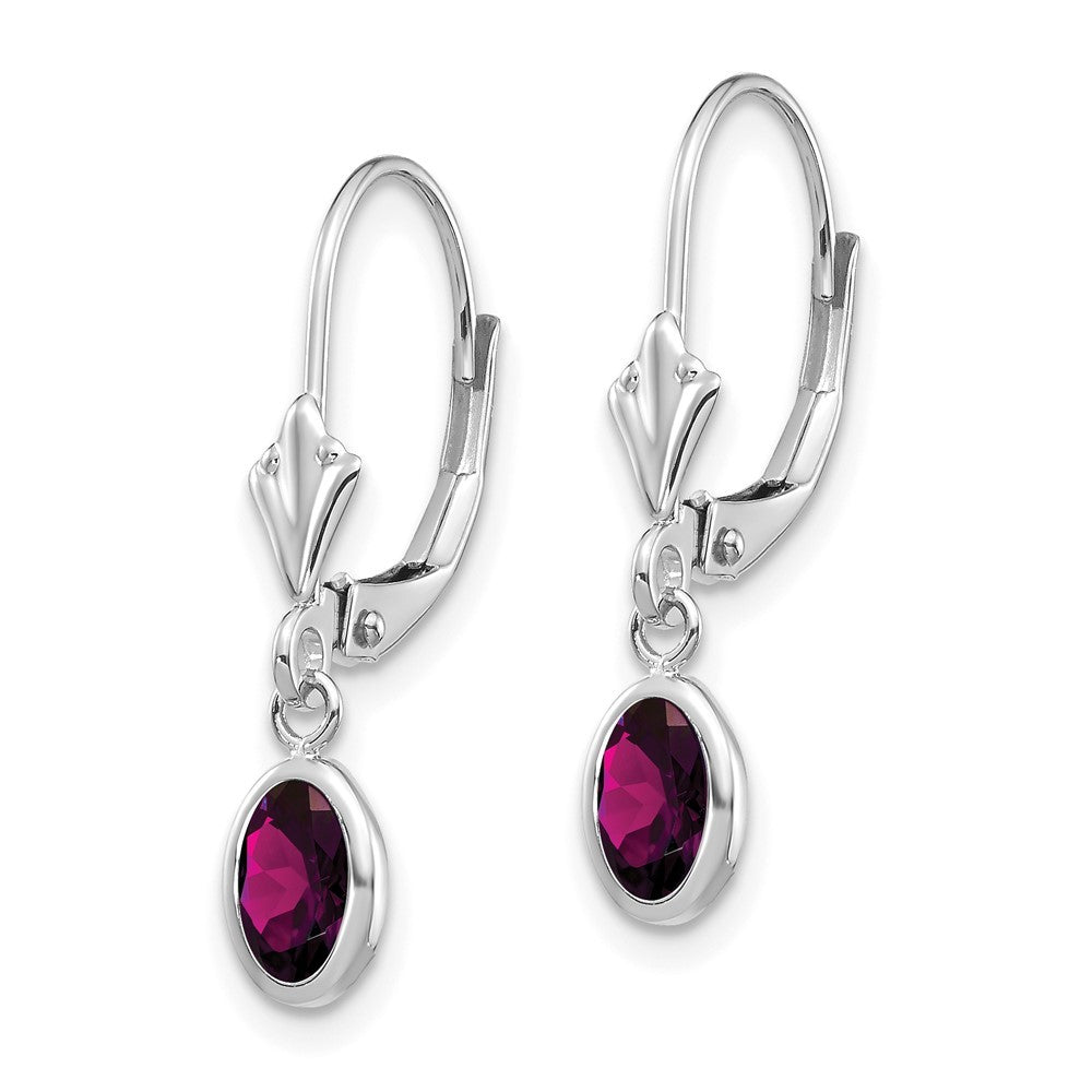 14k White Gold 6x4 Oval Bezel Rhodolite Drop Dangle Earrings