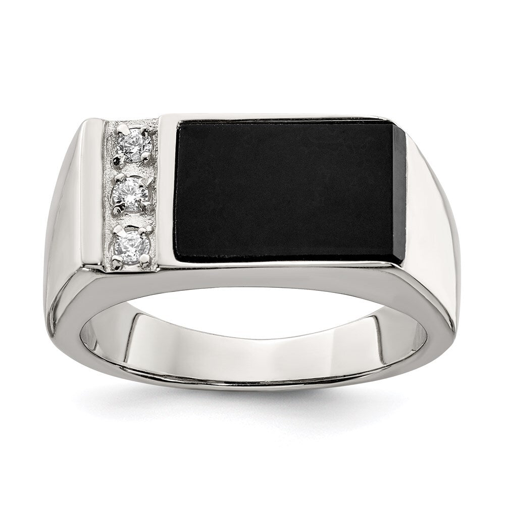 Sterling Silver Rhodium-plated Onyx & Cubic Zirconia Ring Size 10