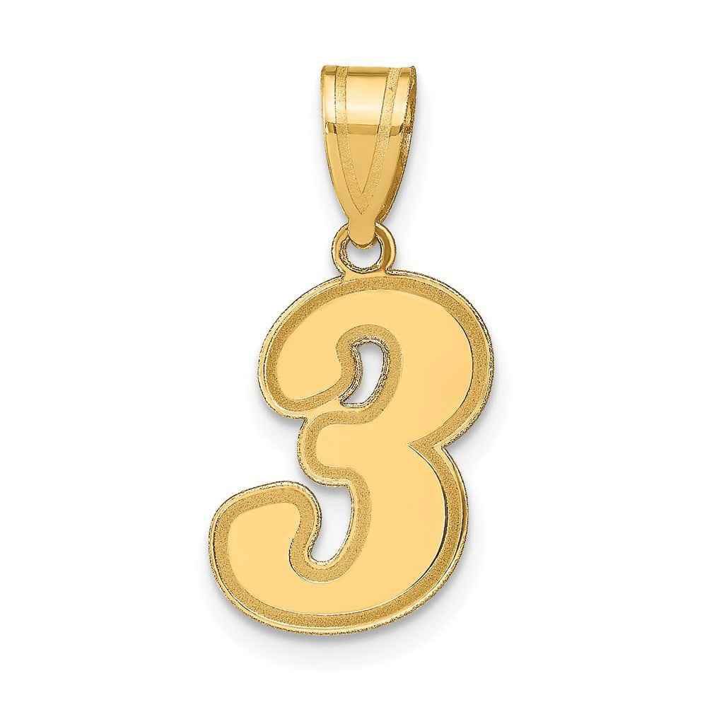 14k Yellow Gold Brushed Border Script Number 3 Pendant