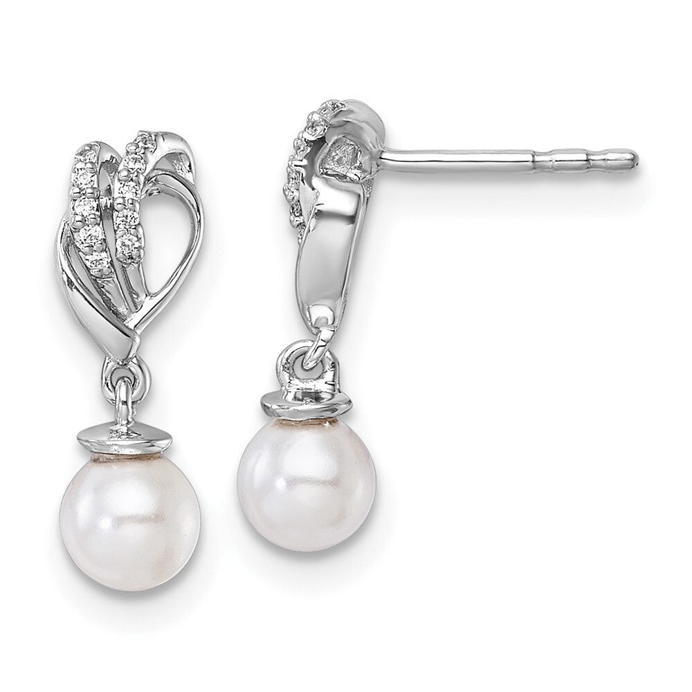 14K White Gold Polished Diamond and Pearl Dangle Earrings