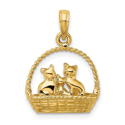 14k Yellow Gold 3-D Cats Inside Of Basket Charm Pendant for Women