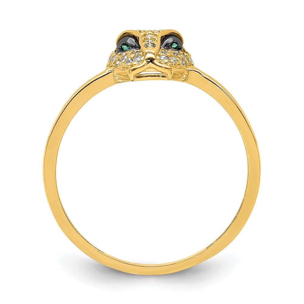 14K Yellow Gold Polished Green & White CZ Lioness Head Ring Size 7