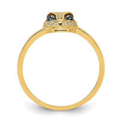 14K Yellow Gold Polished Green & White CZ Lioness Head Ring Size 7