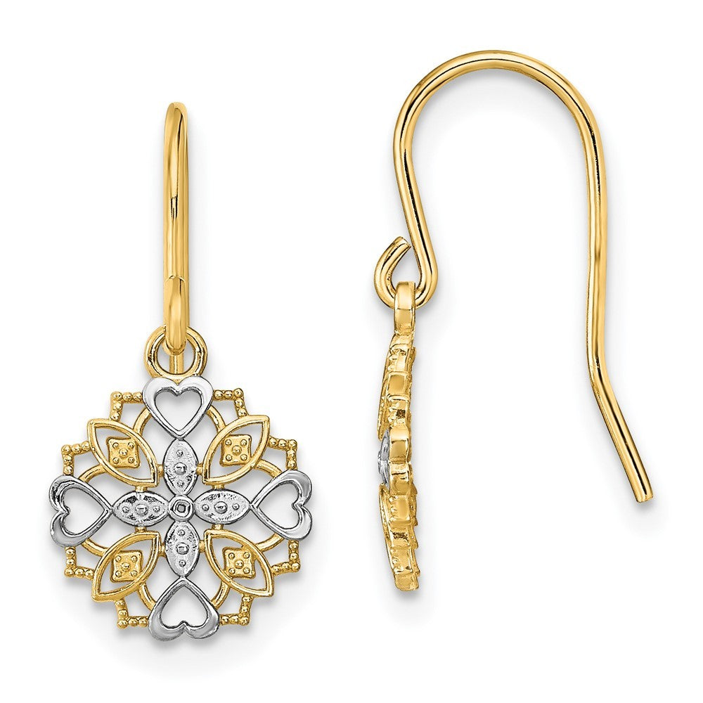 14k Yellow Gold and Rhodium Fancy Dangle Wire Earrings