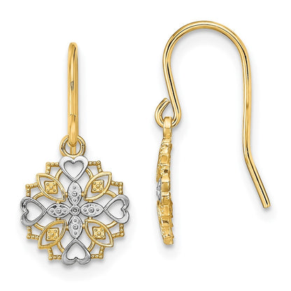 14k Yellow Gold and Rhodium Fancy Dangle Wire Earrings