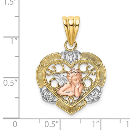 14k Two-tone Gold White Rhodium Angel In Heart Charm Pendant