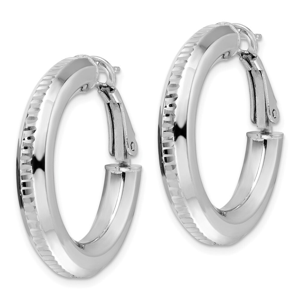 Sterling Silver RH-pltd Diamond-cut 4.75mm Omega Back Round Hoop Earrings