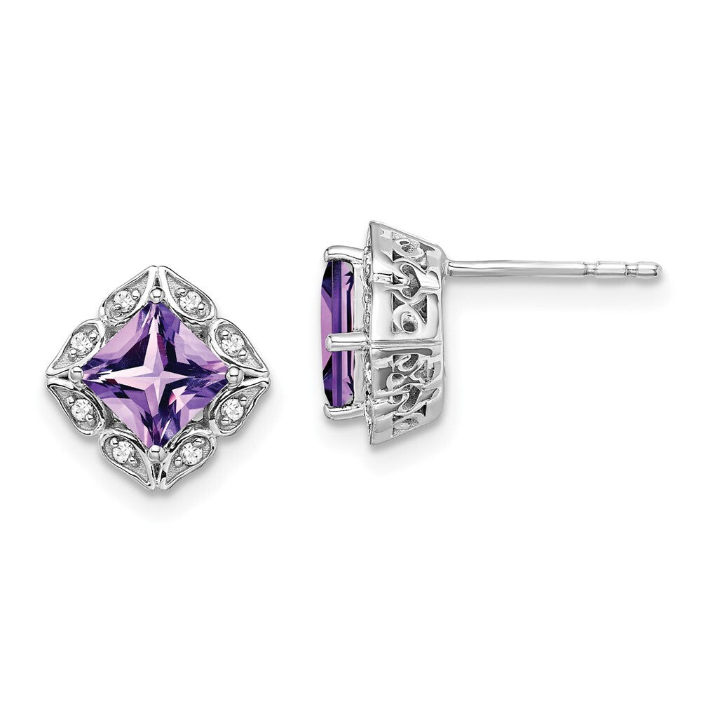 14k White Gold Square Amethyst and Diamond Stud Earrings