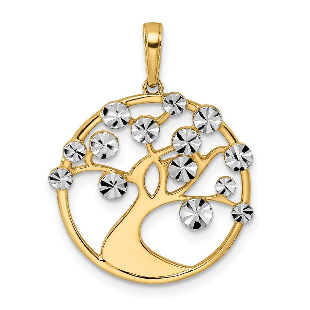 14k Yellow Gold White Rhodium Diamond-cut Tree of Life Pendant