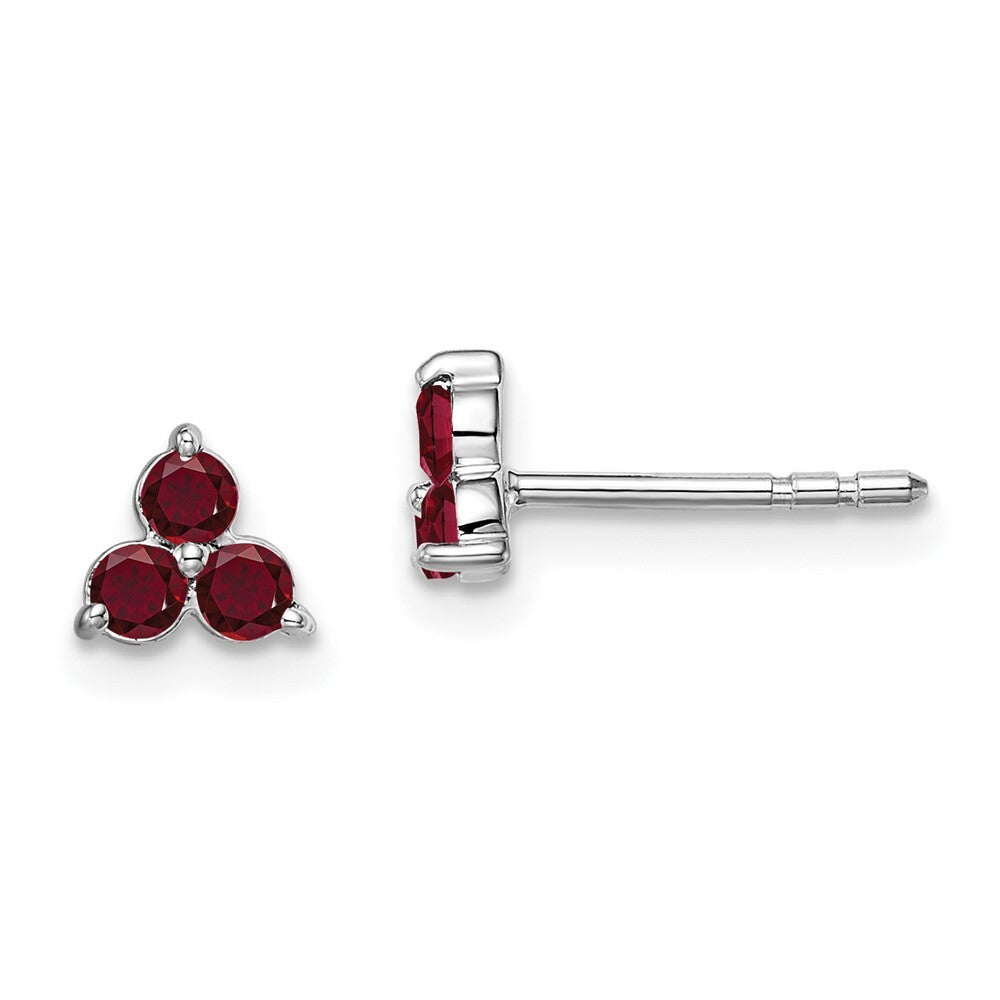 14k White Gold 3-stone Created Ruby Triangle Stud Earrings Gift for Women