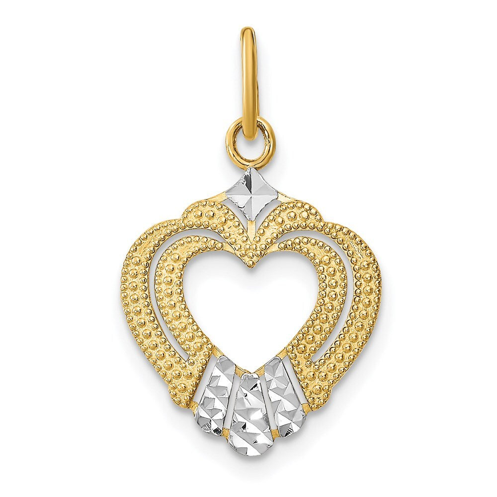 14k Yellow Gold Rhodium Diamond-cut Textured Heart Charm Pendant for Women