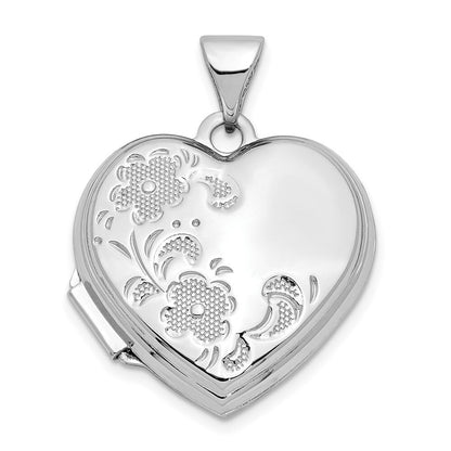 14k White Gold Polished Textured Floral Heart Locket Pendant for Women