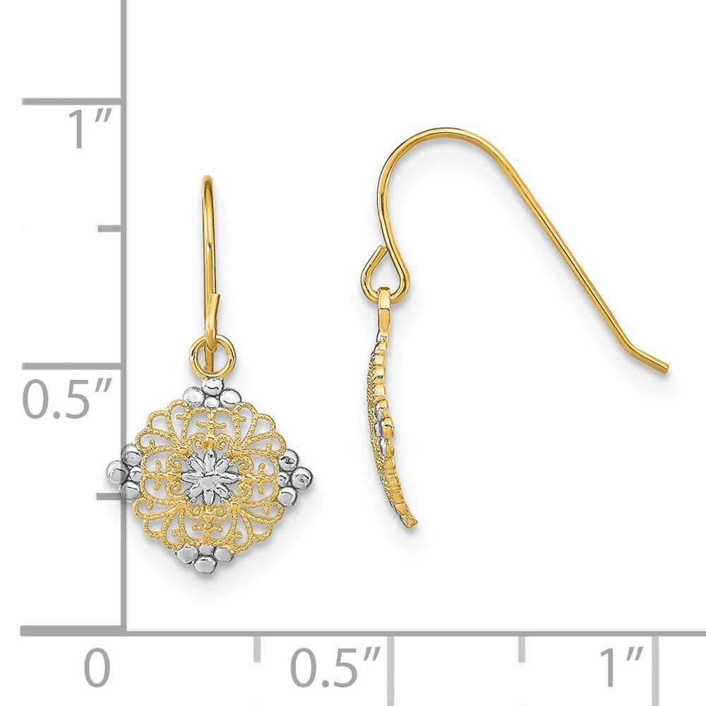 14k Yellow Gold Rhodium Diamond-Cut Center Mini Filigree Medallion Stud Earrings