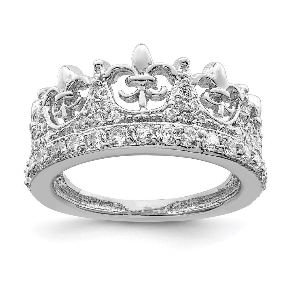 Sterling Silver Rhodium-plated Fleur-de-lis Crown Cubic Zirconia Ring Size 7