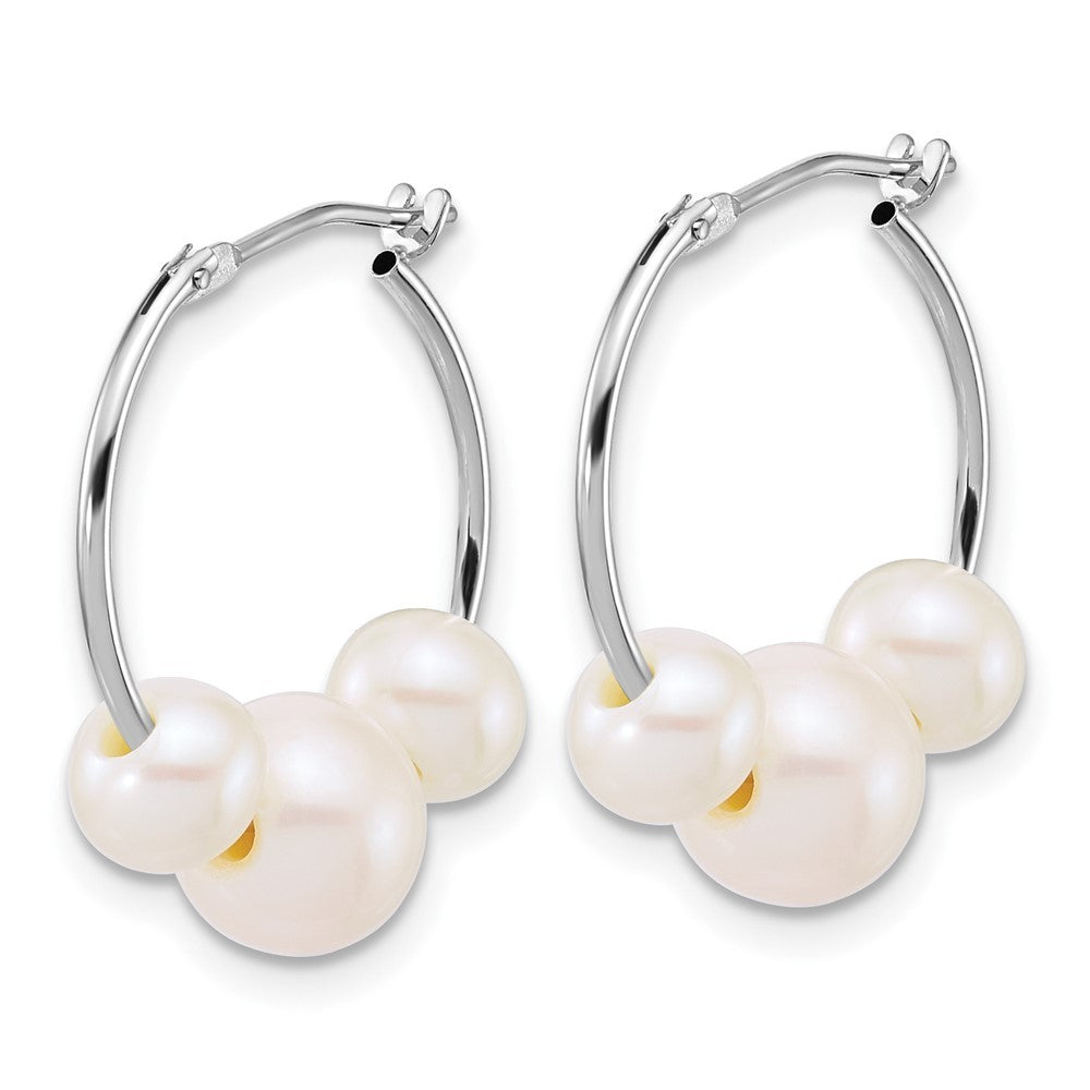 14K Gold Polished 6-8mm Semi-Round Freshwater Cultured 3-Pearl Hoop Earrings