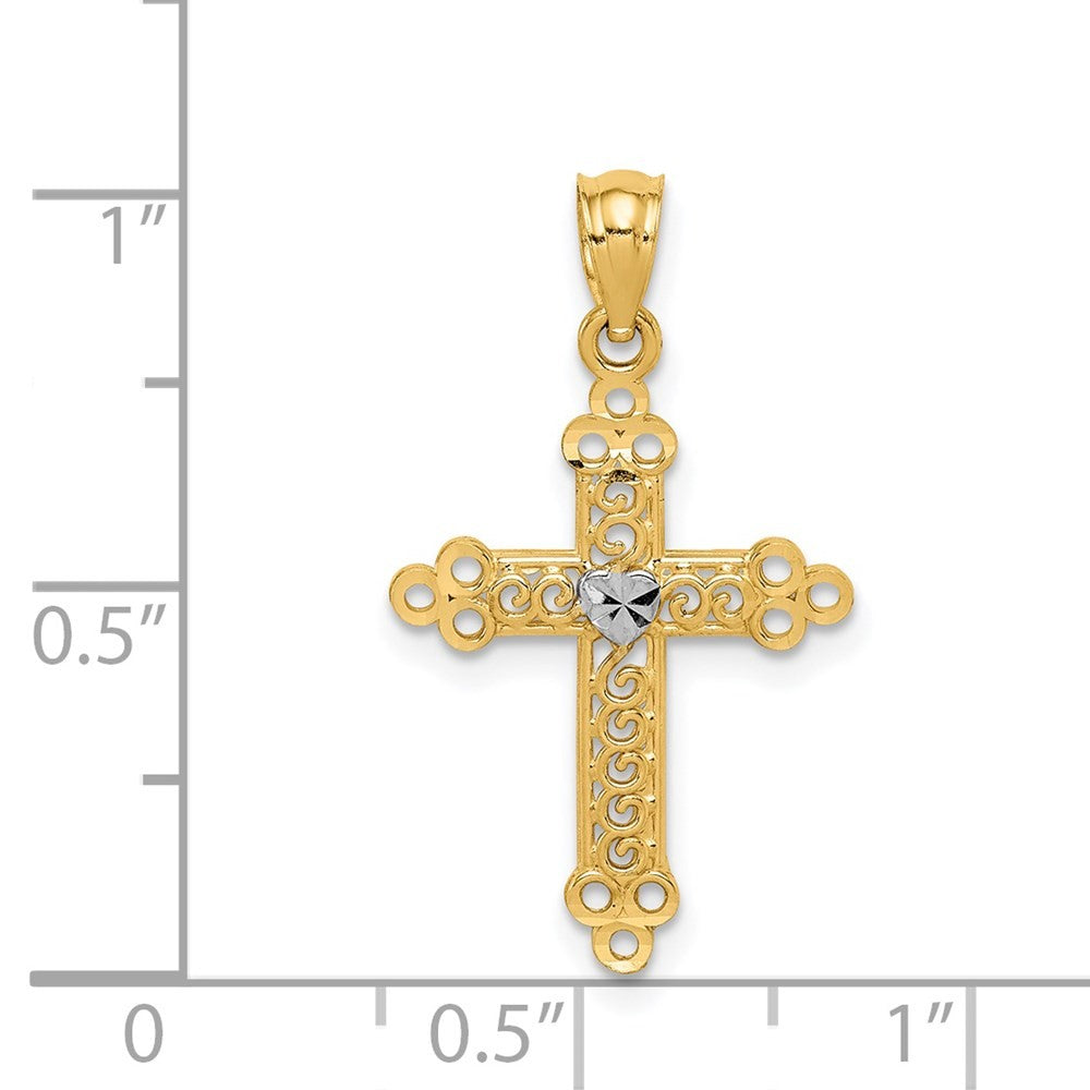14k Yellow Gold w Rhodium Budded Cross Pendant